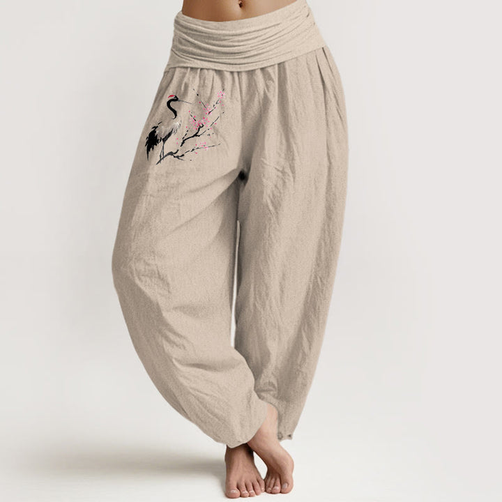 Pantalones harén de algodón puro con cintura elástica para mujer, con estampado de grullas y ramas florecientes de Buddha Stones - Broncearse - US22，UK/AU26，EU54 (6XL) - image 11