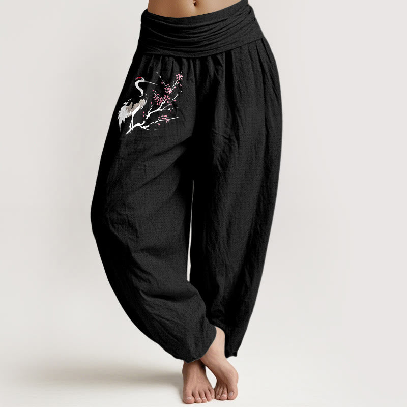 Pantalones harén de algodón puro con cintura elástica para mujer, con estampado de grullas y ramas florecientes de Buddha Stones - Negro - US22，UK/AU26，EU54 (6XL) - image 5