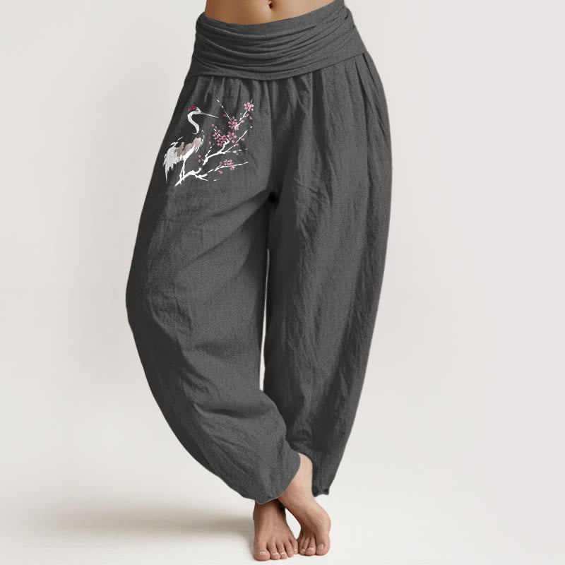 Pantalones harén de algodón puro con cintura elástica para mujer, con estampado de grullas y ramas florecientes de Buddha Stones - Gris tenue - US22，UK/AU26，EU54 (6XL) - image 8