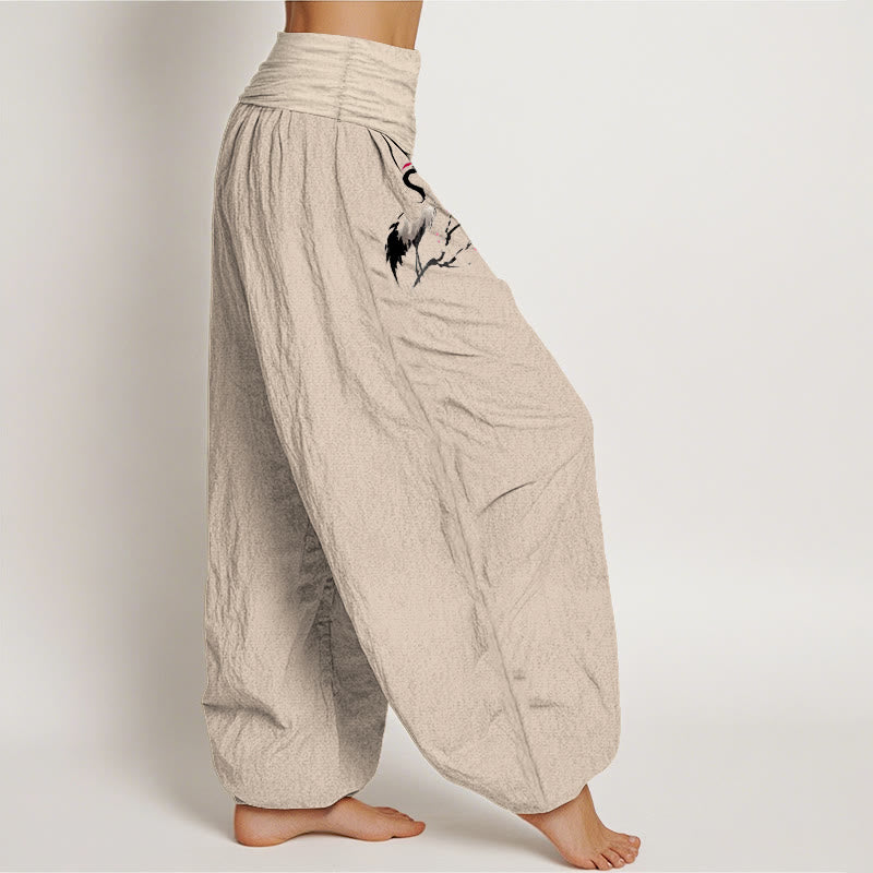 Pantalones harén de algodón puro con cintura elástica para mujer, con estampado de grullas y ramas florecientes de Buddha Stones - image 12