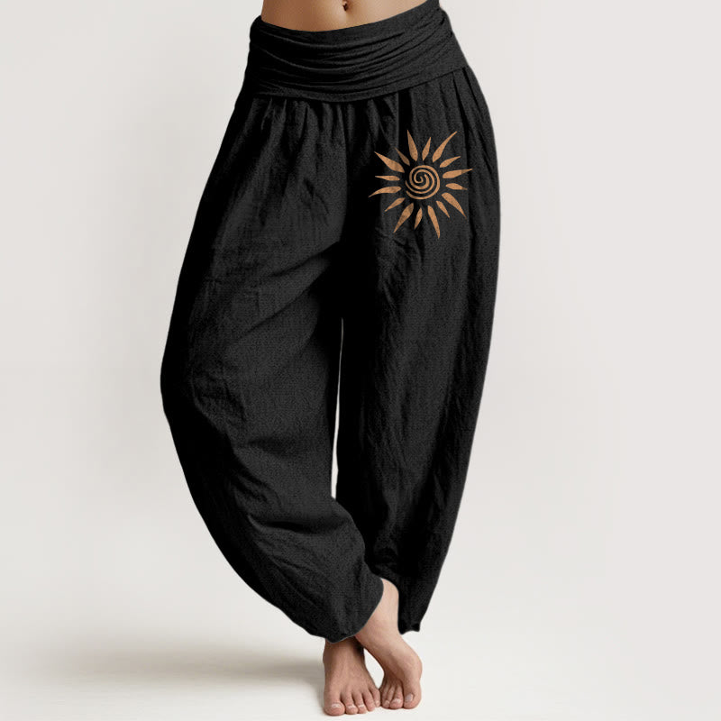 Pantalones harén de algodón puro con cintura elástica para mujer, con diseño de sol y centro en espiral y Buddha Stones - Negro - US22，UK/AU26，EU54 (6XL) - image 0