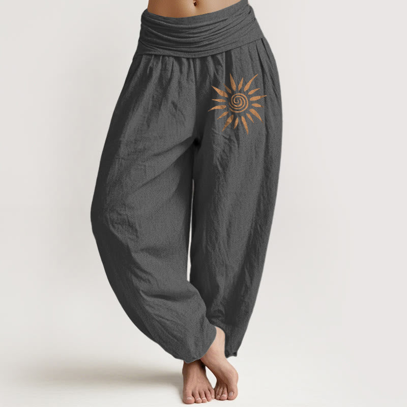 Pantalones harén de algodón puro con cintura elástica para mujer, con diseño de sol y centro en espiral y Buddha Stones - Gris oscuro - US22，UK/AU26，EU54 (6XL) - image 8