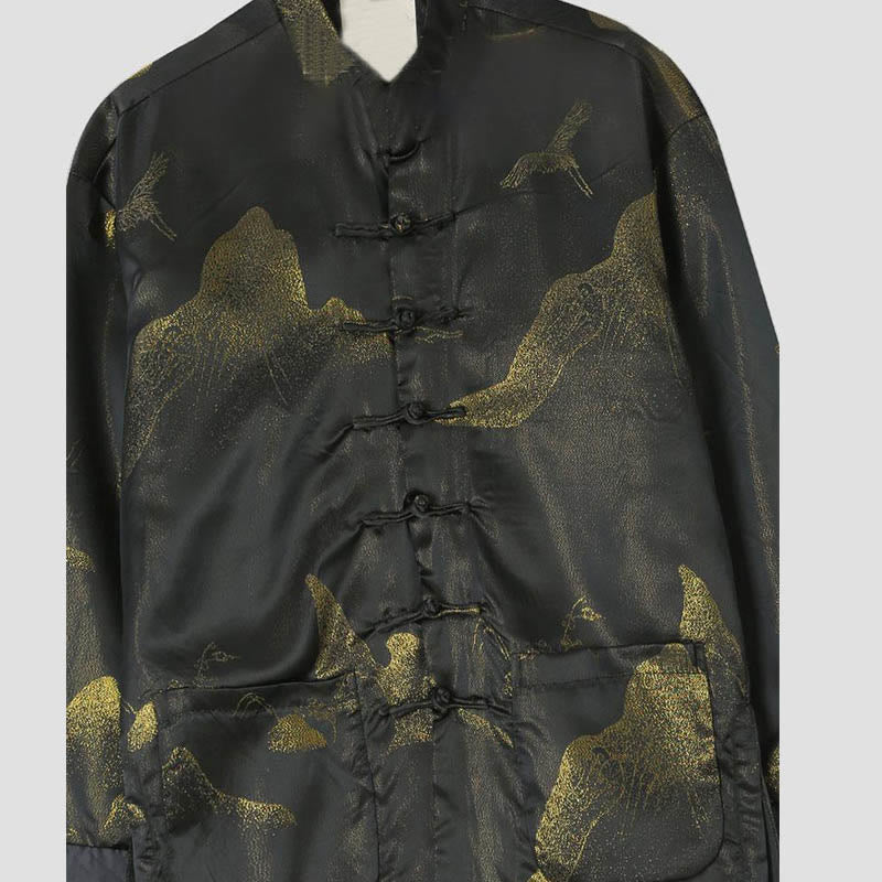 Chaqueta de manga larga para hombre con botones de rana y diseño de grulla de montaña dorada teñida con Buddha Stones, con bolsillos - image 2