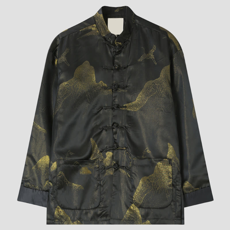Chaqueta de manga larga para hombre con botones de rana y diseño de grulla de montaña dorada teñida con Buddha Stones, con bolsillos - Negro - US/UK/AU44, EU54 (4XL) - image 0