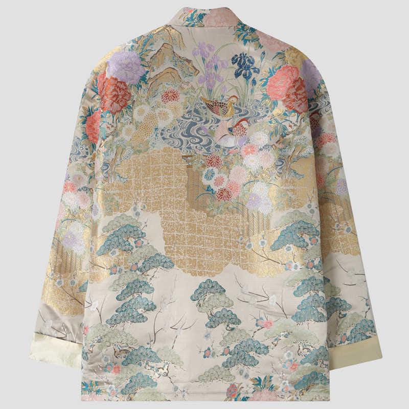 Chaqueta de manga larga para hombre con bolsillos , Buddha Stones, pato mandarín, peonía y rana con botones - image 1
