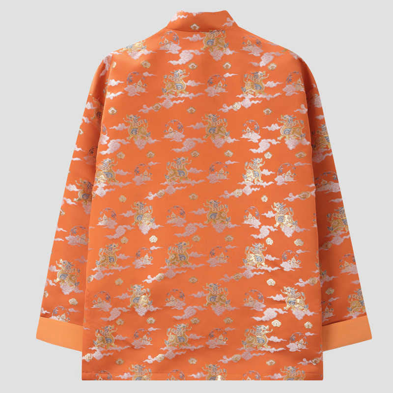 Chaqueta de manga larga para hombre con bolsillos, diseño de rana y botones, con Buddha Stones, kirin naranja y nubes auspiciosas - image 1