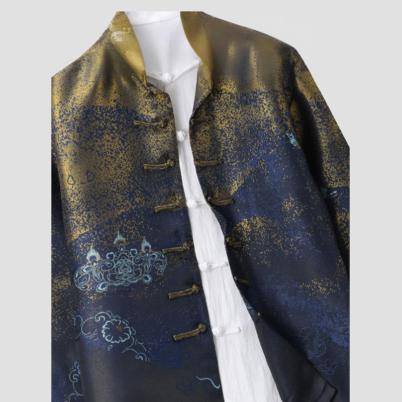 Chaqueta de manga larga con botones de rana y bolsillos para hombre con Buddha Stones, flores azules del desierto dorado - image 3