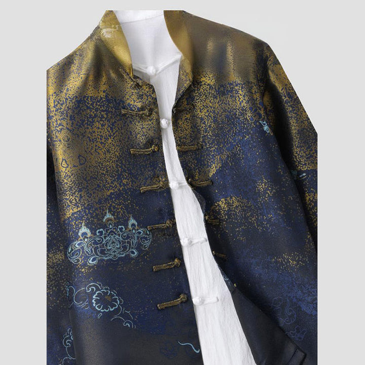 Chaqueta de manga larga con botones de rana y bolsillos para hombre con Buddha Stones, flores azules del desierto dorado - image 3