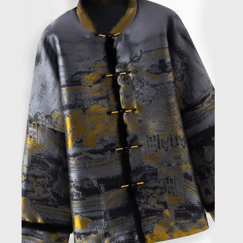 Chaqueta de manga larga con botones de rana para hombre, con bolsillos, con Buddha Stones, edificios antiguos, árboles - image 2