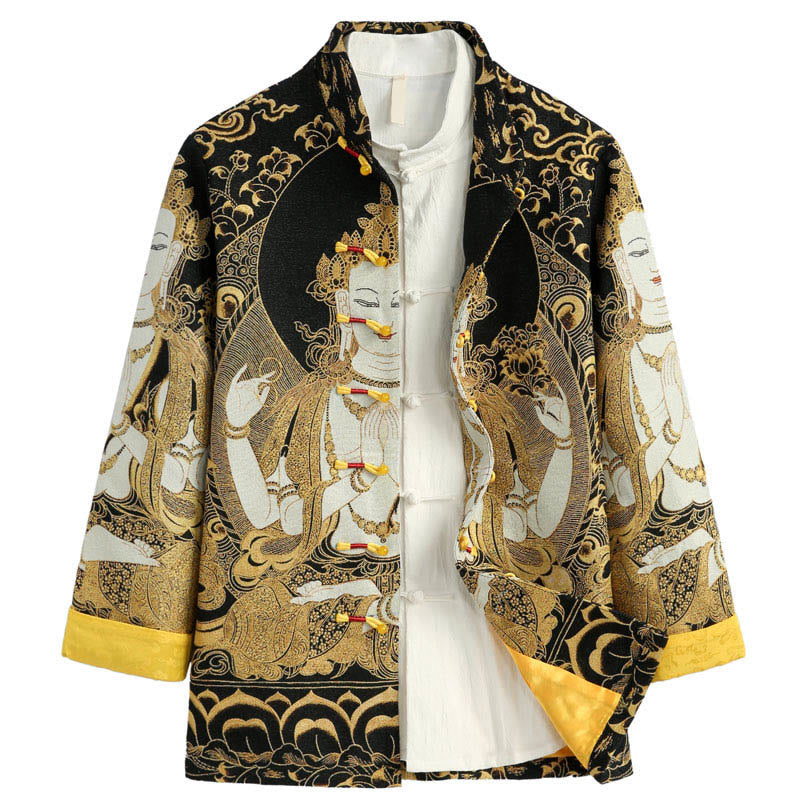 Chaqueta de manga larga con botones de rana para hombre , con Buddha Stones, Avalokiteshvara y Guanyin - Lino - US/UK/AU44, EU54 (4XL) - image 0