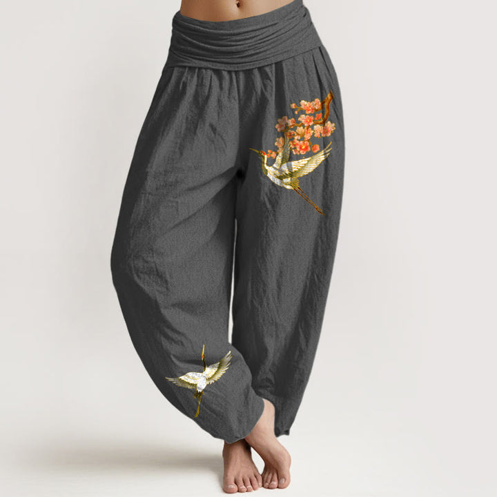 Pantalones harén de algodón puro con cintura elástica para mujer, con estampado de flor de melocotón y grullas lisas de Buddha Stones - Gris oscuro - US22，UK/AU26，EU54 (6XL) - image 8
