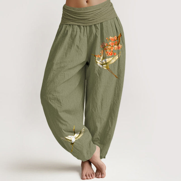 Pantalones harén de algodón puro con cintura elástica para mujer, con estampado de flor de melocotón y grullas lisas de Buddha Stones - Verde oliva - US22，UK/AU26，EU54 (6XL) - image 14