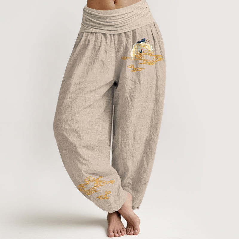 Pantalones harén de algodón con cintura elástica para mujer, con diseño de grullas lisas y nubes auspiciosas y Buddha Stones - Broncearse - US22，UK/AU26，EU54 (6XL) - image 11