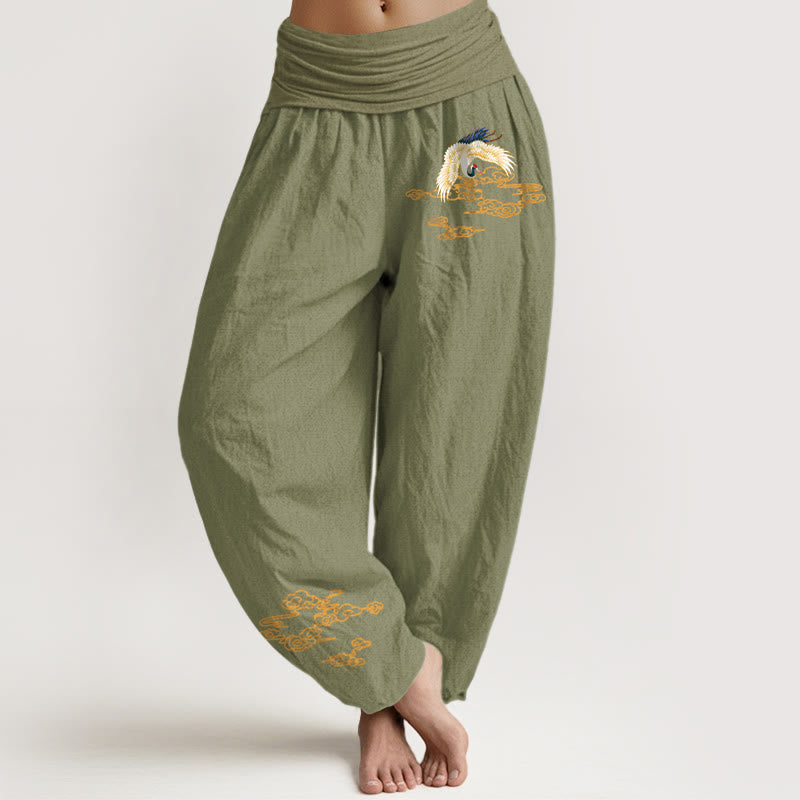 Pantalones harén de algodón con cintura elástica para mujer, con diseño de grullas lisas y nubes auspiciosas y Buddha Stones - Verde oliva - US22，UK/AU26，EU54 (6XL) - image 14