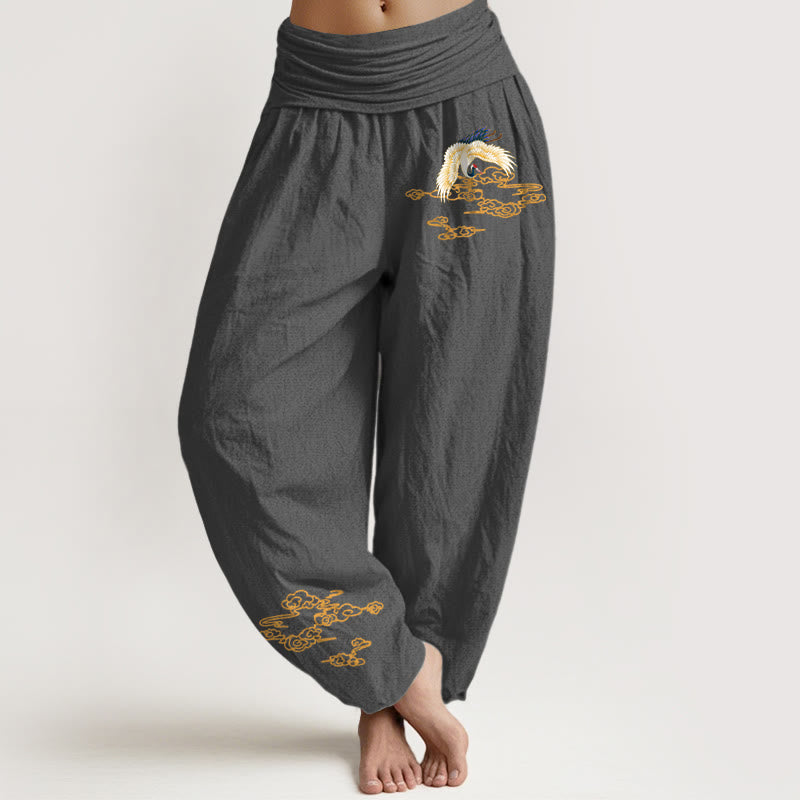 Pantalones harén de algodón con cintura elástica para mujer, con diseño de grullas lisas y nubes auspiciosas y Buddha Stones - Gris oscuro - US22，UK/AU26，EU54 (6XL) - image 0
