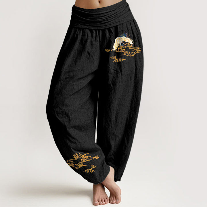Pantalones harén de algodón con cintura elástica para mujer, con diseño de grullas lisas y nubes auspiciosas y Buddha Stones - Negro - US22，UK/AU26，EU54 (6XL) - image 5