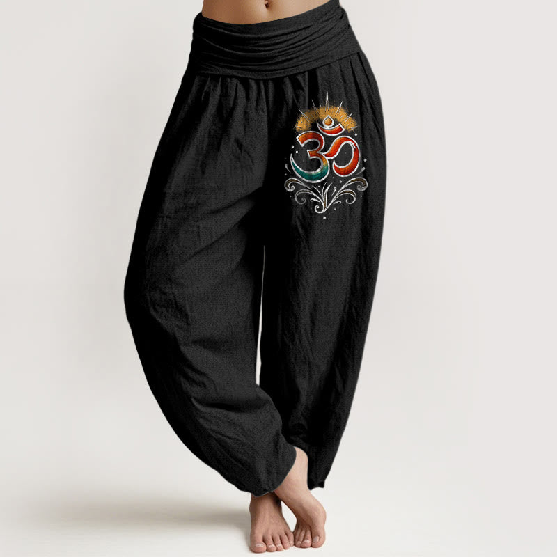 Pantalones harén de algodón con cintura elástica para mujer, con diseño de símbolo Om y Buddha Stones - Negro - US22，UK/AU26，EU54 (6XL) - image 5