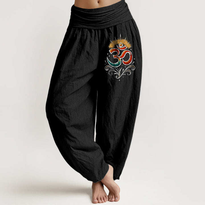 Pantalones harén de algodón con cintura elástica para mujer, con diseño de símbolo Om y Buddha Stones - Negro - US22，UK/AU26，EU54 (6XL) - image 5