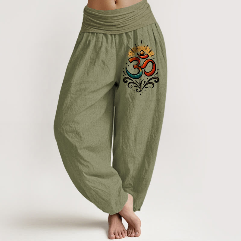 Pantalones harén de algodón con cintura elástica para mujer, con diseño de símbolo Om y Buddha Stones - Verde oliva - US22，UK/AU26，EU54 (6XL) - image 14