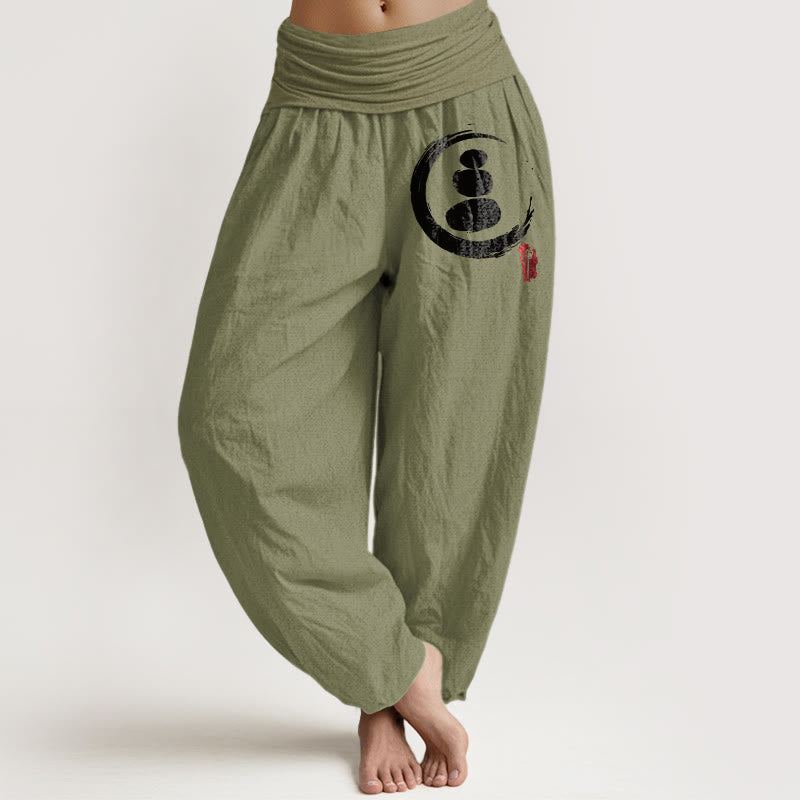 Pantalones harén de algodón con cintura elástica para mujer con diseño de círculos de piedras apiladas y Buddha Stones Ensō - Verde oliva - US22，UK/AU26，EU54 (6XL) - image 0