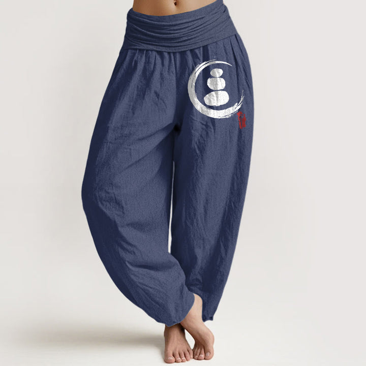 Pantalones harén de algodón con cintura elástica para mujer con diseño de círculos de piedras apiladas y Buddha Stones Ensō - Azul pizarra oscuro - US22，UK/AU26，EU54 (6XL) - image 8