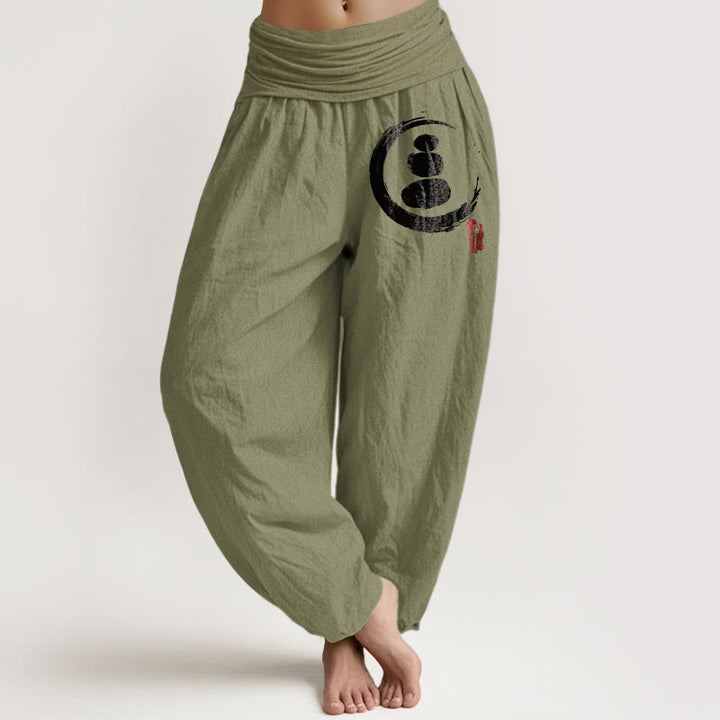 Pantalones harén de algodón con cintura elástica para mujer con diseño de círculos de piedras apiladas y Buddha Stones Ensō - Verde oliva - US22，UK/AU26，EU54 (6XL) - image 0
