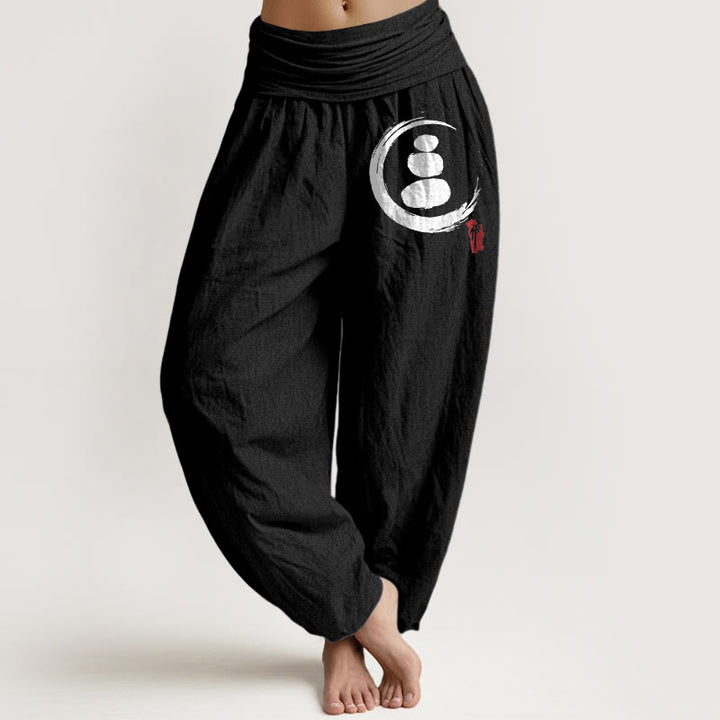 Pantalones harén de algodón con cintura elástica para mujer con diseño de círculos de piedras apiladas y Buddha Stones Ensō - Negro - US22，UK/AU26，EU54 (6XL) - image 5