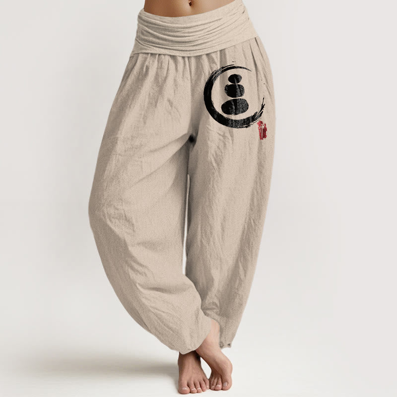 Pantalones harén de algodón con cintura elástica para mujer con diseño de círculos de piedras apiladas y Buddha Stones Ensō - Broncearse - US22，UK/AU26，EU54 (6XL) - image 14