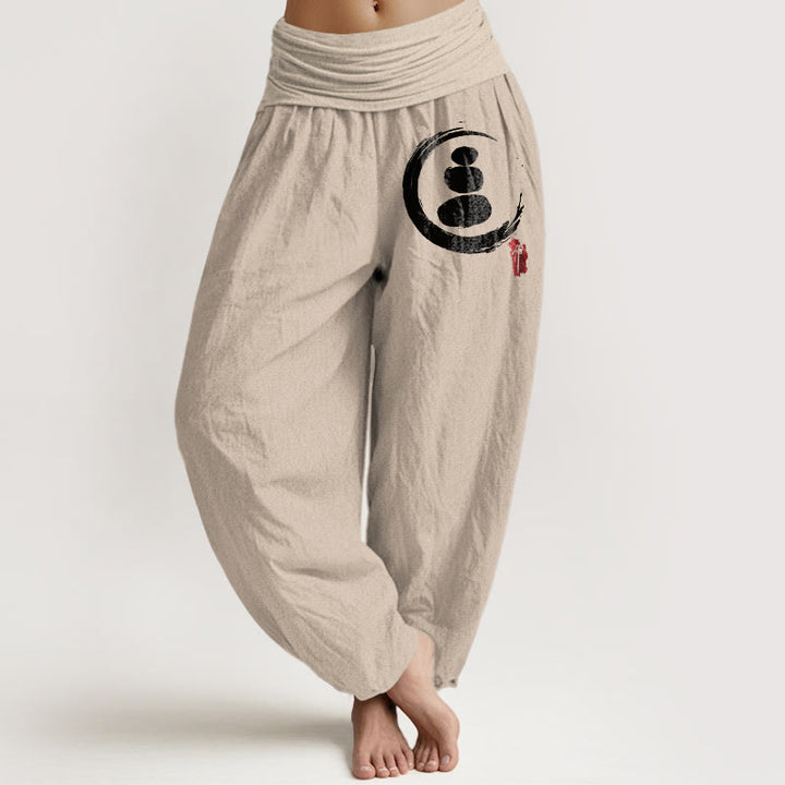 Pantalones harén de algodón con cintura elástica para mujer con diseño de círculos de piedras apiladas y Buddha Stones Ensō - Broncearse - US22，UK/AU26，EU54 (6XL) - image 14