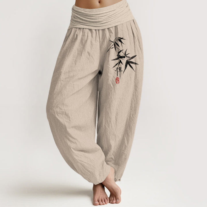 Pantalones harén de cintura elástica para mujer con estampado zen de bambú y Buddha Stones de algodón puro - Broncearse - US22，UK/AU26，EU54 (6XL) - image 0