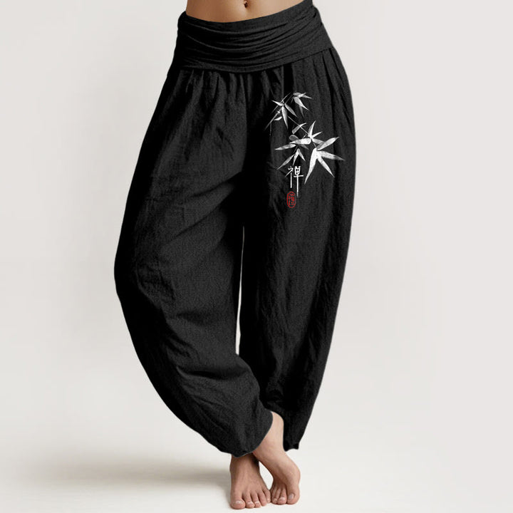 Pantalones harén de cintura elástica para mujer con estampado zen de bambú y Buddha Stones de algodón puro - Negro - US22，UK/AU26，EU54 (6XL) - image 5