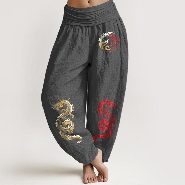 Pantalones harén de Buddha Stones puro con estampado de dragón y cintura elástica para mujer - Gris oscuro - US22，UK/AU26，EU54 (6XL) - image 8