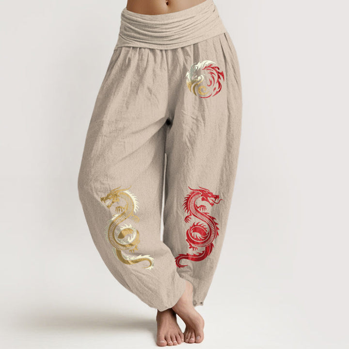 Pantalones harén de Buddha Stones puro con estampado de dragón y cintura elástica para mujer - Broncearse - US22，UK/AU26，EU54 (6XL) - image 11