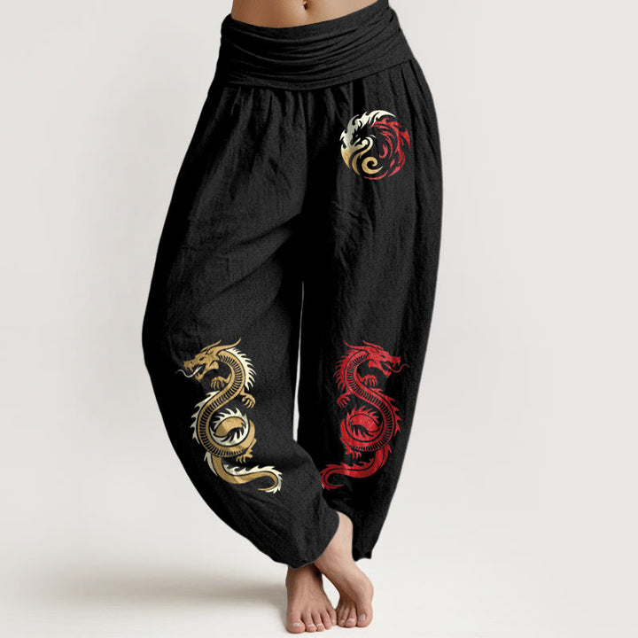 Pantalones harén de Buddha Stones puro con estampado de dragón y cintura elástica para mujer - Negro - US22，UK/AU26，EU54 (6XL) - image 0