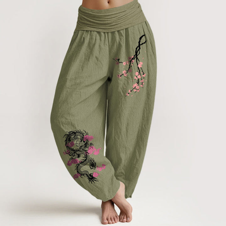 Pantalones harén de algodón con cintura elástica para mujer, con diseño de Buddha Stones, dragón, nubes auspiciosas y flores - Verde oliva - US22，UK/AU26，EU54 (6XL) - image 14