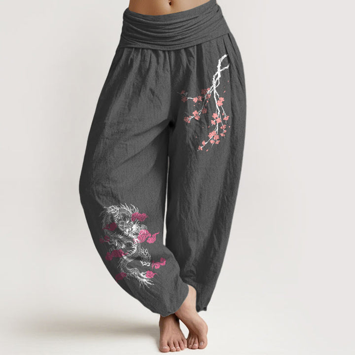 Pantalones harén de algodón con cintura elástica para mujer, con diseño de Buddha Stones, dragón, nubes auspiciosas y flores - Gris oscuro - US22，UK/AU26，EU54 (6XL) - image 8