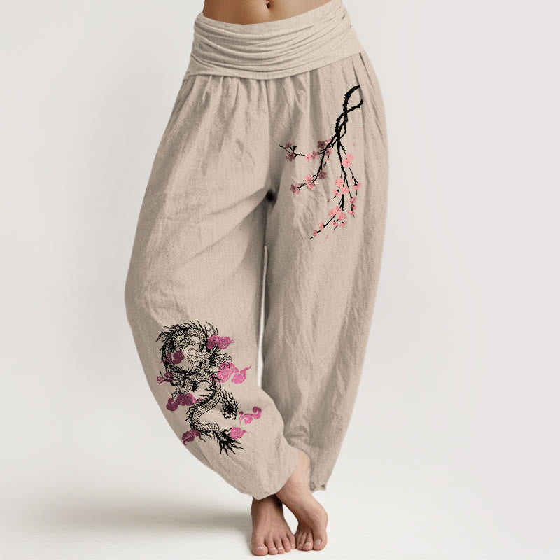 Pantalones harén de algodón con cintura elástica para mujer, con diseño de Buddha Stones, dragón, nubes auspiciosas y flores - Broncearse - US22，UK/AU26，EU54 (6XL) - image 11
