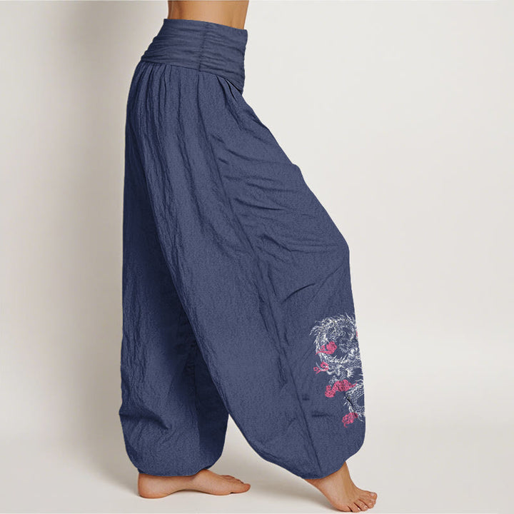 Pantalones harén de algodón con cintura elástica para mujer, con diseño de Buddha Stones, dragón, nubes auspiciosas y flores - image 6