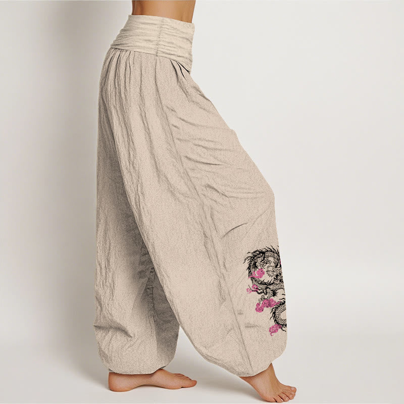 Pantalones harén de algodón con cintura elástica para mujer, con diseño de Buddha Stones, dragón, nubes auspiciosas y flores - image 12