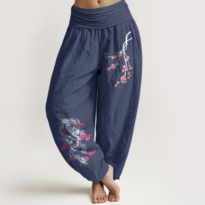 Pantalones harén de algodón con cintura elástica para mujer, con diseño de Buddha Stones, dragón, nubes auspiciosas y flores - Azul pizarra oscuro - US22，UK/AU26，EU54 (6XL) - image 5