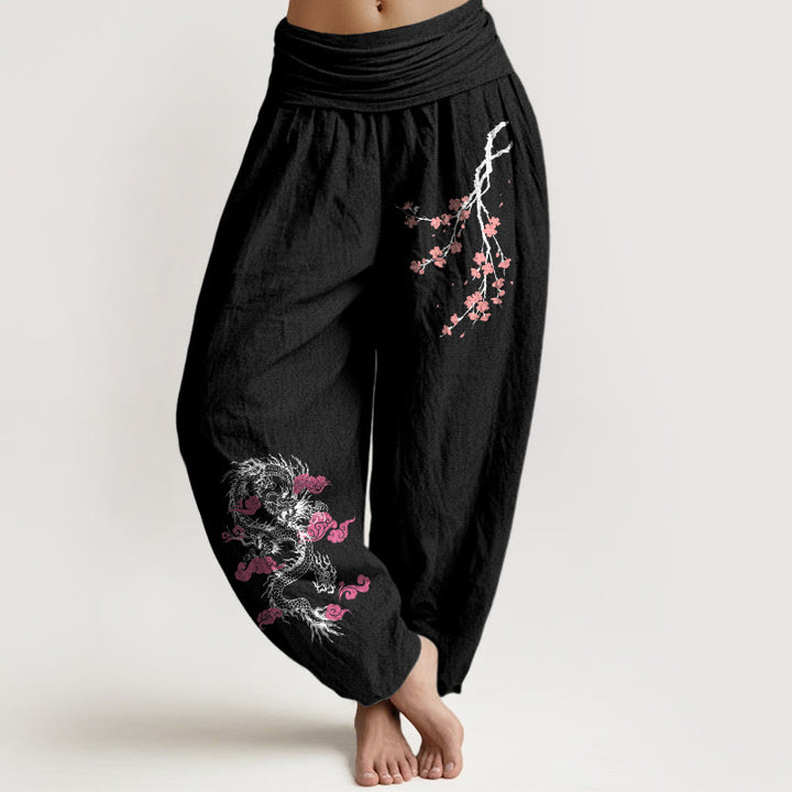 Pantalones harén de algodón con cintura elástica para mujer, con diseño de Buddha Stones, dragón, nubes auspiciosas y flores - Negro - US22，UK/AU26，EU54 (6XL) - image 0