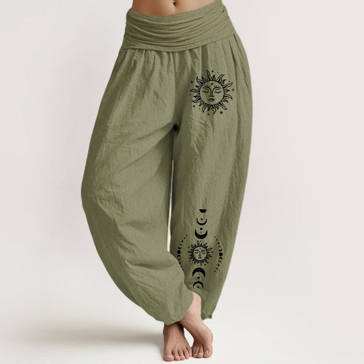 Pantalones harén de algodón puro con cintura elástica para mujer, estampado de Buddha Stones, sol, luna y estrellas - Verde oliva - US22，UK/AU26，EU54 (6XL) - image 14
