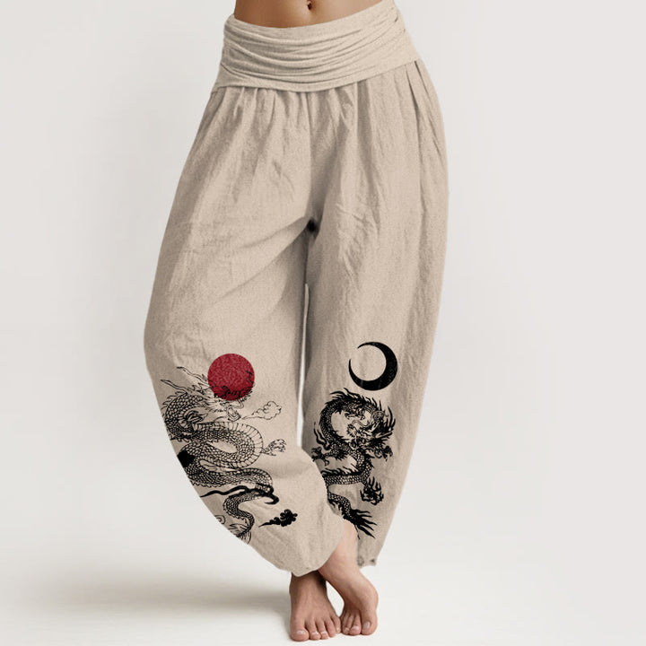 Buddha Stones harén de algodón puro con estampado de dragón, sol y luna para mujer, cintura elástica - Broncearse - US22，UK/AU26，EU54 (6XL) - image 11