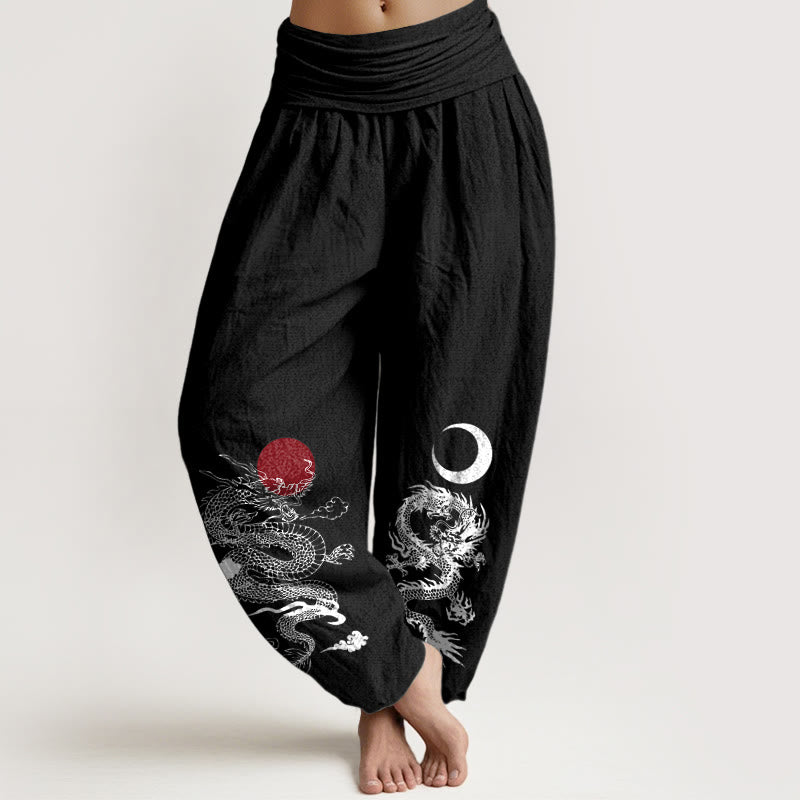 Buddha Stones harén de algodón puro con estampado de dragón, sol y luna para mujer, cintura elástica - Negro - US22，UK/AU26，EU54 (6XL) - image 0