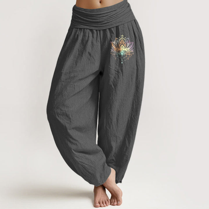 Pantalones Buddha Stones de algodón puro con estampado de loto arcoíris y cintura elástica para mujer - Gris tenue - US22，UK/AU26，EU54 (6XL) - image 8