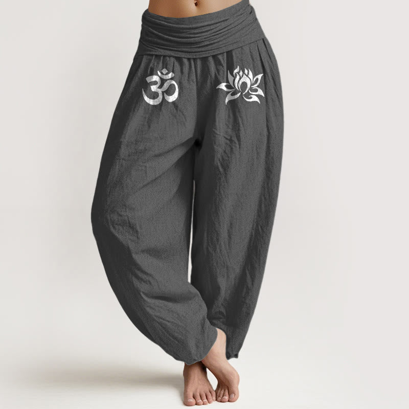 Pantalones Buddha Stones de algodón puro con estampado de loto y símbolo Om para mujer, cintura elástica, color liso - Gris oscuro - US22，UK/AU26，EU54 (6XL) - image 0