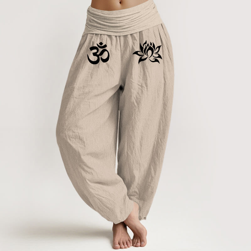 Pantalones Buddha Stones de algodón puro con estampado de loto y símbolo Om para mujer, cintura elástica, color liso - Broncearse - US22，UK/AU26，EU54 (6XL) - image 11
