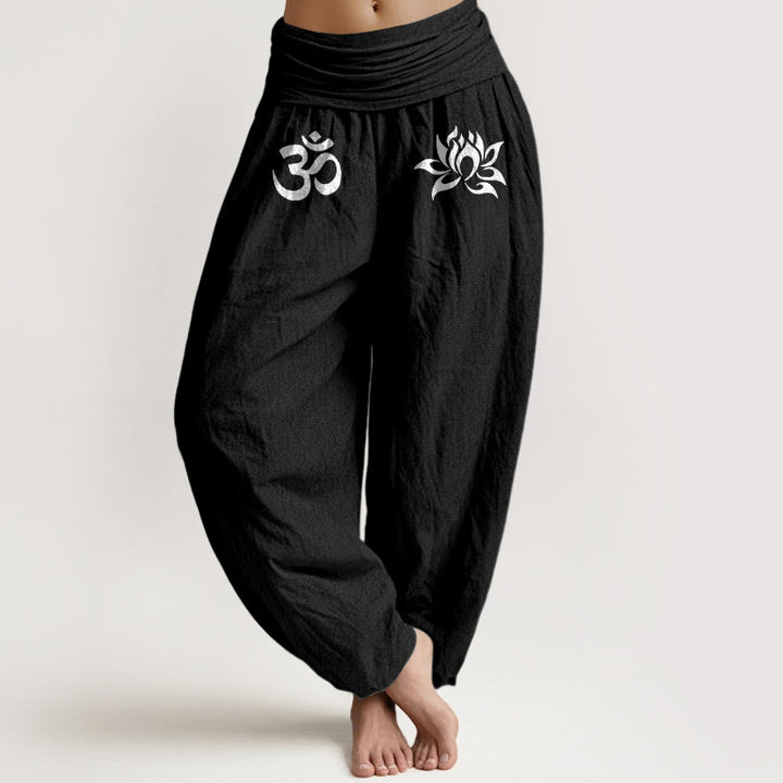 Pantalones Buddha Stones de algodón puro con estampado de loto y símbolo Om para mujer, cintura elástica, color liso - Negro - US22，UK/AU26，EU54 (6XL) - image 5
