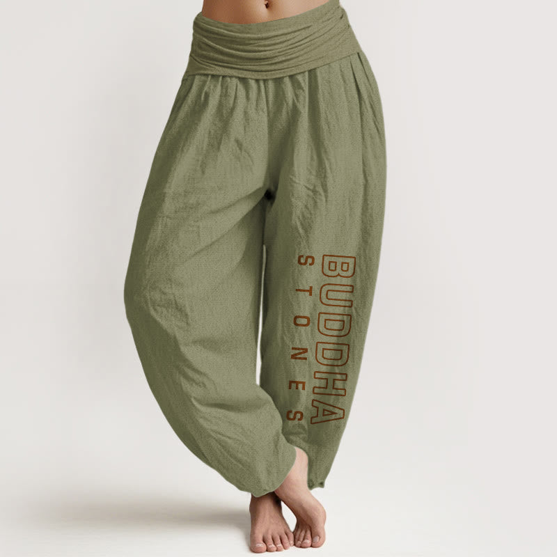 Pantalones harén de cintura elástica para mujer con la palabra Buddha Stones en algodón puro de color liso. - Verde oliva - US22，UK/AU26，EU54 (6XL) - image 14