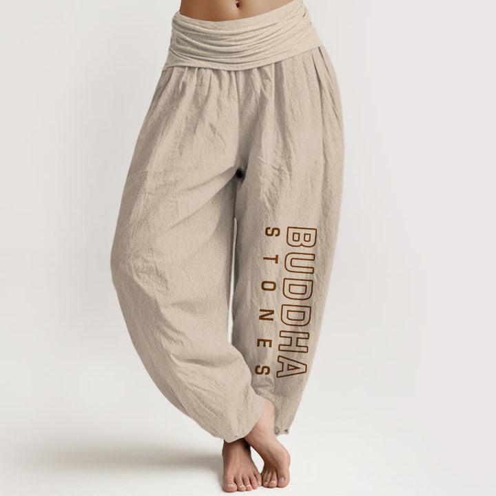 Pantalones harén de cintura elástica para mujer con la palabra Buddha Stones en algodón puro de color liso. - Broncearse - US22，UK/AU26，EU54 (6XL) - image 0